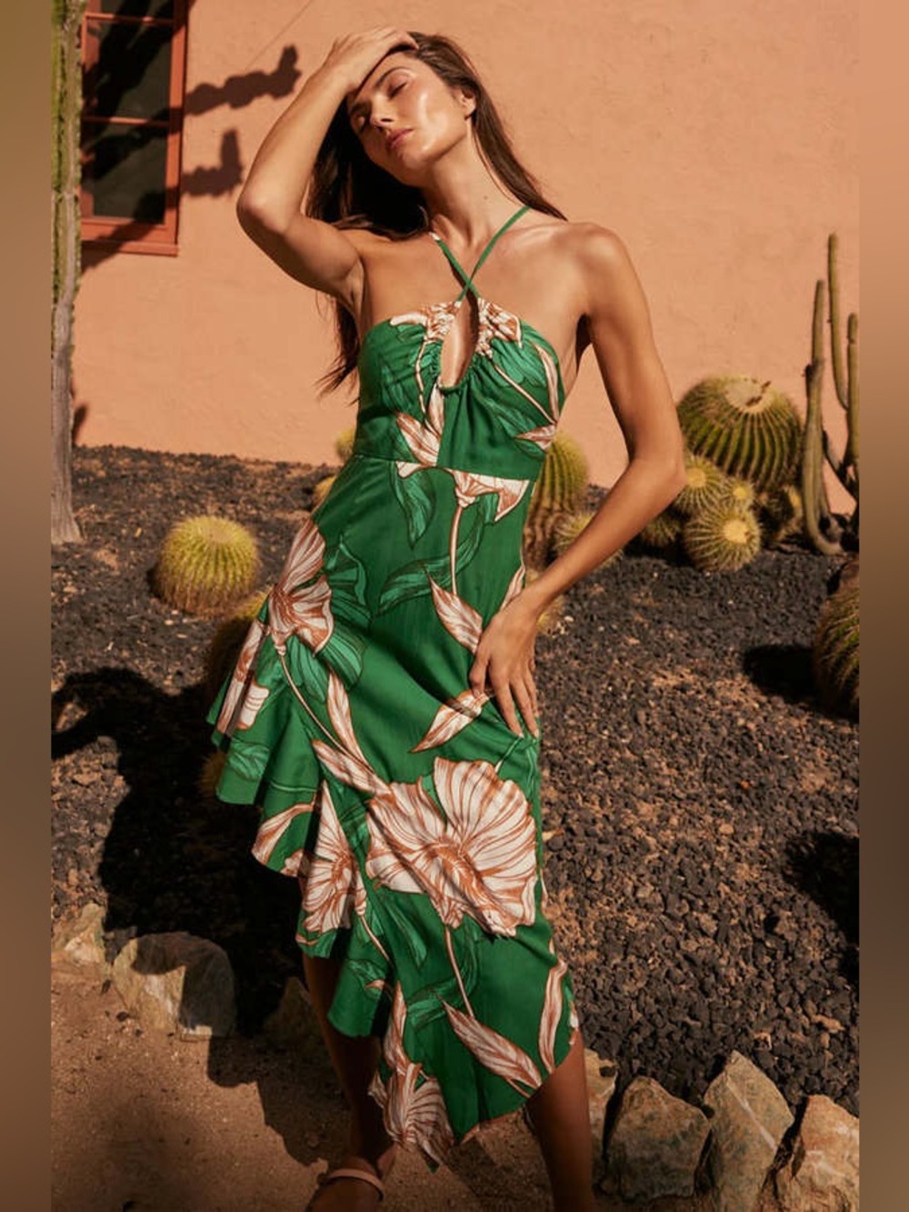 Misa Los Angeles Valeria Cartagena Green Floral Halter Cutout Asymmetrical Dress